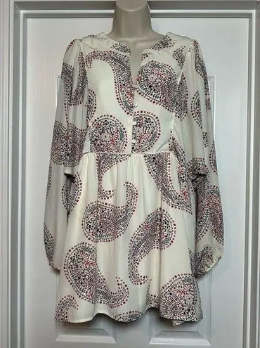 Cal Style Cream Bohemian Paisley Long Sleeve Button Up Women’s Peasant Dress LG