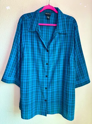 Maggie Barnes Teal Blue Black Plaid Check 3/4 Sleeve Button Up Blouse 2X 22/24W