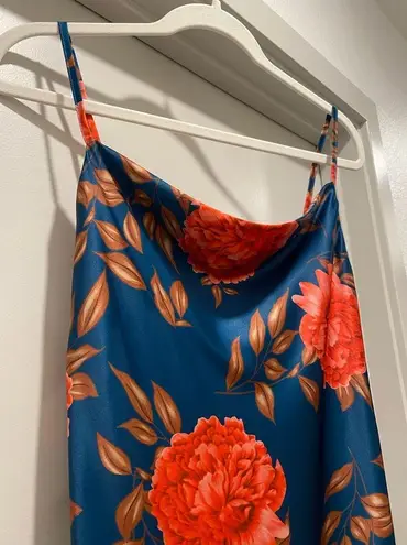 Cantonwalker Navy & Red Floral Cowl Neck Sleeveless Satin Slip Mini Dress