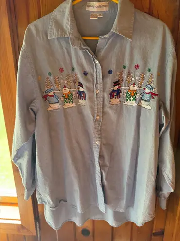 Casey Coleman Women's Embroidered Snowman Christmas Holiday Shirt Denim Size XL Blue