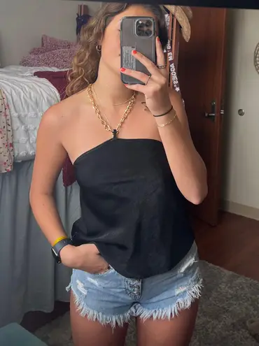 Free Kisses Black Silk Gold Chain Halter Top