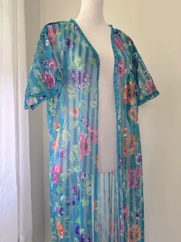 Vintage ‘80s Lady Cameo Dallas Teal Floral Print Sheer Maxi Duster Robe Blue Size M