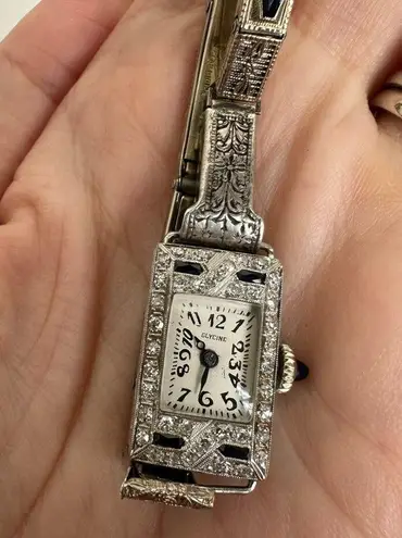 Vintage 1920s Glycine Platinum Diamond & Sapphire Watch