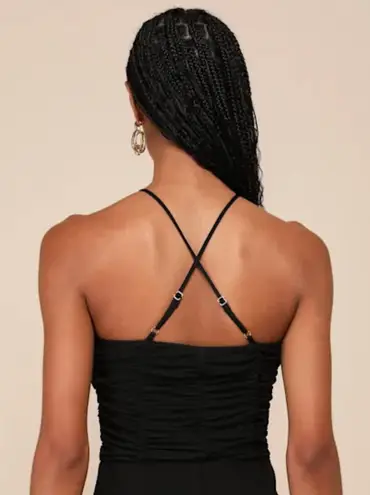 Lulus NWT Coy Favorite Black Mesh Ruched Halter Bodysuit