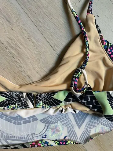 Mara Hoffman white/black/green/pink/grey tribal print two piece swimsuit XS EUC
