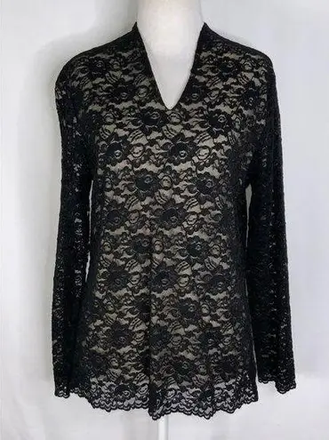 Dialogue Long Sleeve Black Lace Overlay V Neck Stretchy Anywhere Top Medium