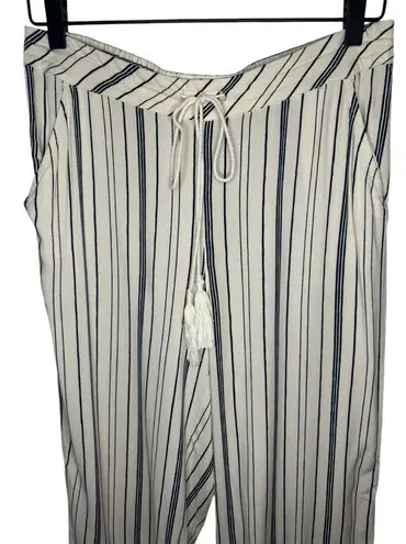 Soft Surroundings Wide Leg Cropped Tassel Tie Pants Size PS Ivory Navy Striped