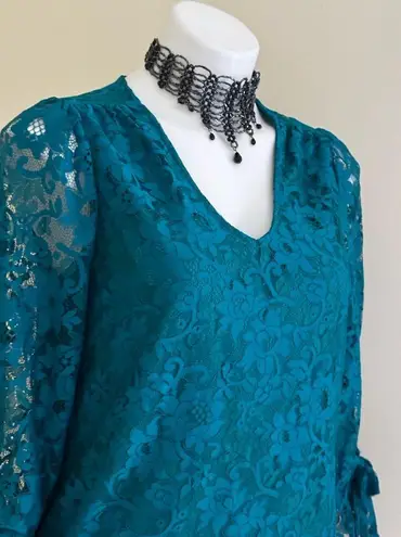 Charter Club NWT Teal Blue Sheer Lace Under Blouse Sz S Leg Of Mutton Bo…