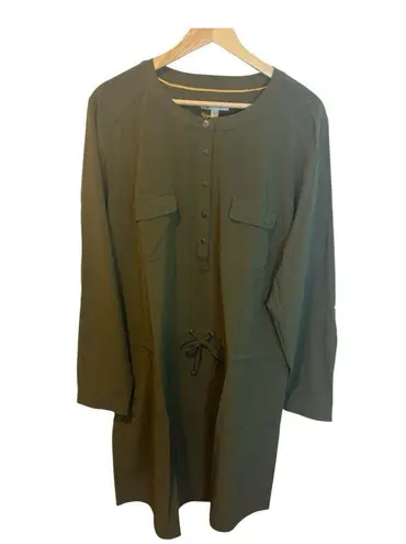 Orvis XL Army Green Button Down Utility Drawstring Waist Short Dress Zip Pockets