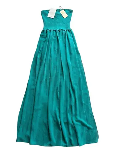 Ramy Brook Calista Strapless Georgette Cover-Up Maxi Dress Teal Smocked Sheer XS