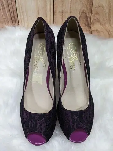 Purple satin black lace high heels size 8 NWOB