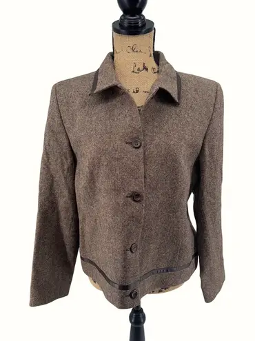 Pendleton Wool Blazer Sz12 Brown Tweed Leather Trim Vtg Classic Academia Legacy