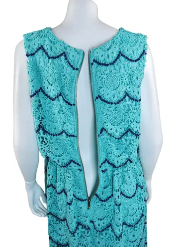 Luxology Womens 14 Blue Teal Crochet Lace Sleeveless Midi Dress Elastic Waist