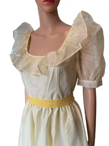 Vintage 70s Yellow Raised Dot Cottagecore Prairie Ruffle Formal Party Maxi Dress Size M