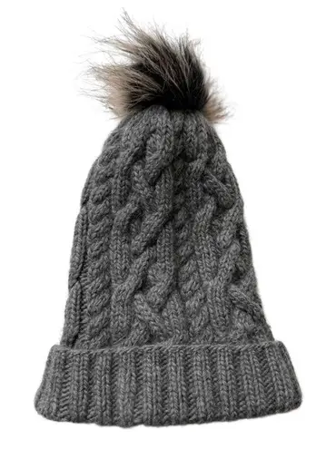 Nirvanna Merino Wool Cable Knit Beanie Hat Gray Faux Fur Pom Pom
