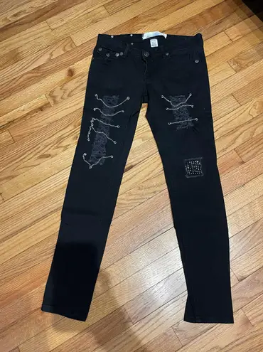 Raw Blue Premium Denim Flour De Liz Lis Raw Grommets Vintage y2k chain Embellished Skinny jeans Patch work Rock Punk Goth faded stone distressed Chain