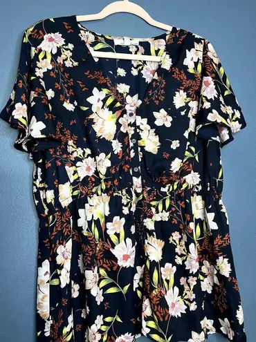 Fourteenth Place Hawaiian Floral Print Button Elastic Waist Bell Sleeve Top Blue
