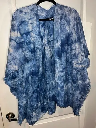 Ellen Tracy Blue Tie Dye Cardigan Pull Over Poncho Styled Fringe One Size