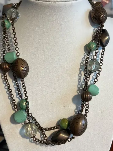 Premier Designs 3 Strand Necklace Copper Tone Faux Turquoise Etched Adj 20" READ
