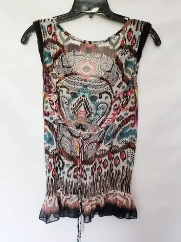Forbidden Boho Sheer Tank Womens Top Size Medium Black Lace Ruffle