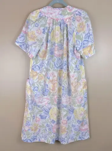 Vintage Herbcraft Pastel Floral Pearl Snap Front House Dress Robe Medium Pink