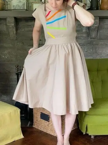 1980s Rainbow Dress with Pockets Elastic Waist nipped waist dress