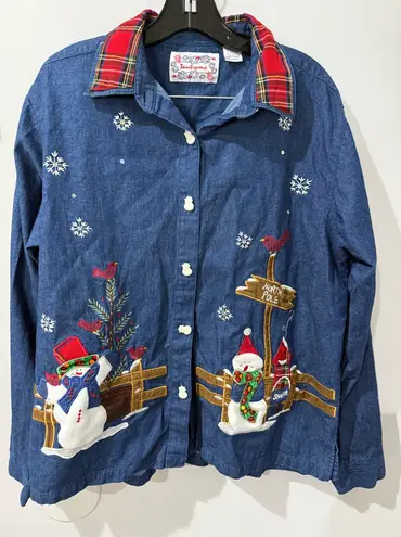VTG 90s Tantrums Christmas Snowmen Embroidered Denim Flannel Button Down XL T Blue