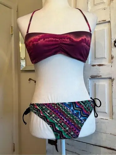 Tribal & Leopard Bikini Set Two Bottoms OP Swimwear Boho Festival Size Large Purple