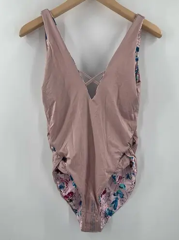 The Bikini Lab Swimsuit Size Large Reversible One Piece Floral Solid Beach NWT