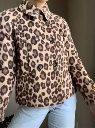 Rebecca Taylor Leopard Coating Shrunken Wool Blend Pea Coat Jacket