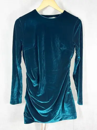 House Of CB  Maroush Velvet Teal Backless Mini Longsleeve Dress Womens Size Large