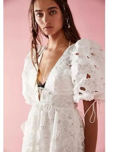 For Love & Lemons Leighton Maxi Dress Floral Embroidered Puff Sleeve Bridal XS White