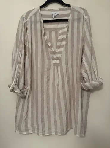 Antibes Blanc Linen Tunic Top Womens 2X Beige White Striped Roll Tab Sleeve Tan Size XXL