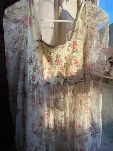 Square neck floral print sweet coquette sheer long sleeve top Pink Size L