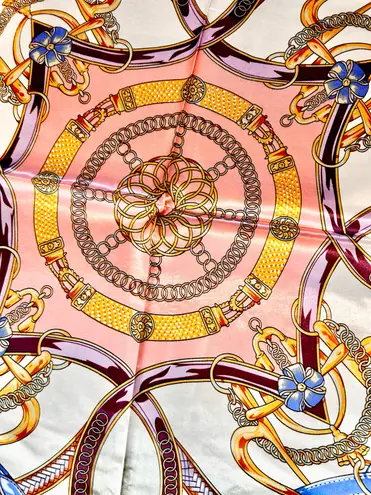 Vintage Equestrian PINK PEACH Royal Crown print oversized silky Scarf 35/35