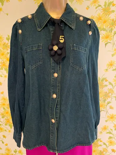 Long Sleeve Denim Embellised Button Up Shirt Size M Gold Size M