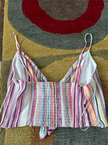 AQUA Colorful Stripe Linen Smoked Spaghetti Strap Crop Tank Top Size Small