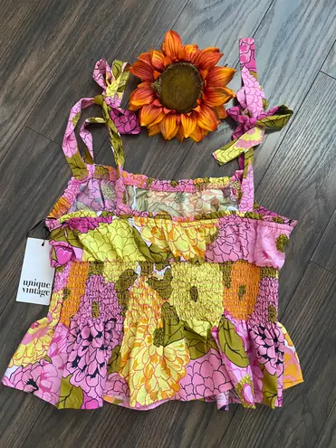 Unique Vintage NTAGE Pink & Yellow Floral Breezy Babe Crop Top MEDIUM 