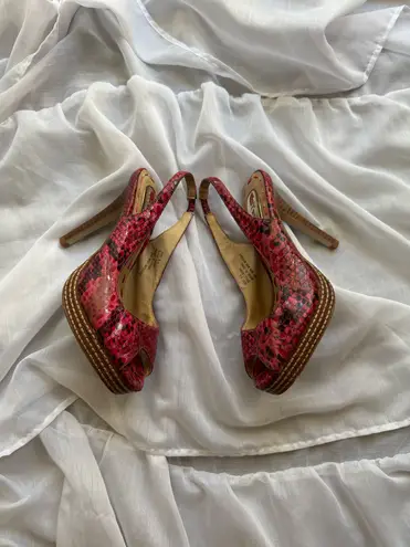 Two Lips Faux Snakeskin Peep Toe Slingback Pumps Red Size 6.5