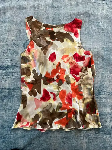 Harve B Red Cream Tan Floral Ruffled Satin Sleeveless Blouse Medium