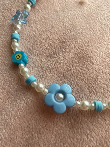 Pastel Blue Flower Butterfly Smiley Pearl Kawaii Y2k Style Beaded Choker Necklace.