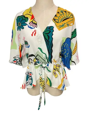 Sweet Rain Women's Abstract Print Wrap Blouse S White Kimono Sleeve Summer