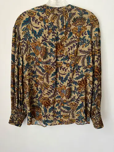 Massimo Dutti Blue Top Sz S Tan Floral Motif , Puff Long Sleeve , Peasant Blouse