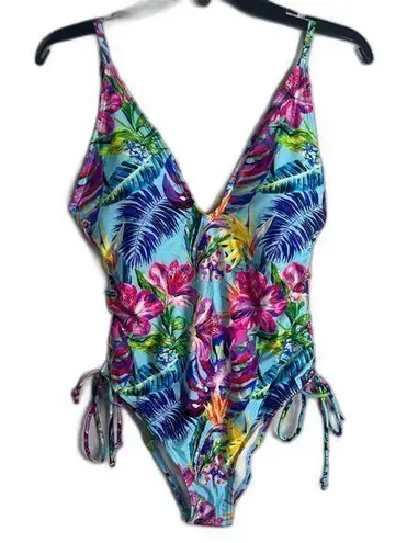Stylish Swimwear Triangle Top Tie Side Tropical Pattern Deep V Swimsuit Sz LG Blue