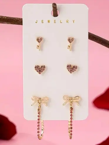 NEW 3 Pairs Pink & Gold Earrings, Key Heart Bow Hoop Jewelry Set, coquette bow