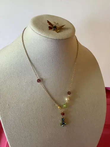 Handmade Vintage INC. 12K GF Signed Butterfly Brooch & Garden Vibe Necklace 20”