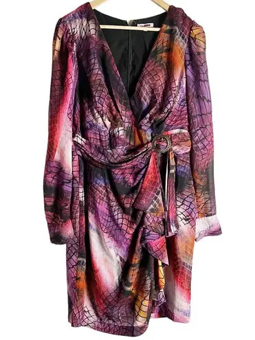 flor et.al Lauper Printed Chiffon Belted Long Sleeve Knee Length Dress Size 16