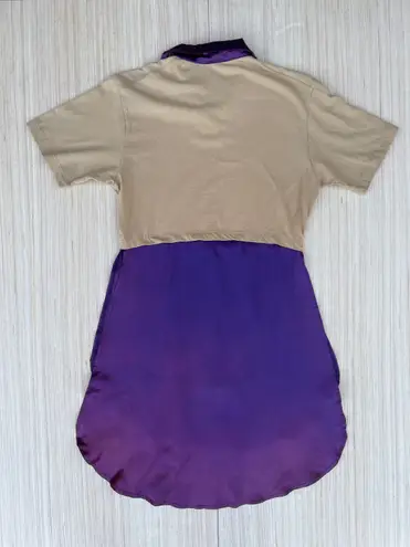 Beige cotton purple satin colorblock collared mini dress tunic size M medium Multiple