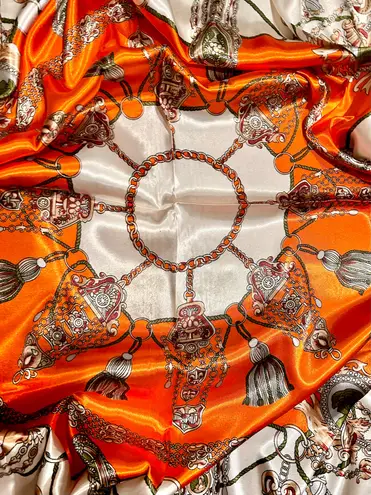 VINTAGE Tassel and Rope baroque Pattern orange /SQUARE SILKY SCARF 35/35