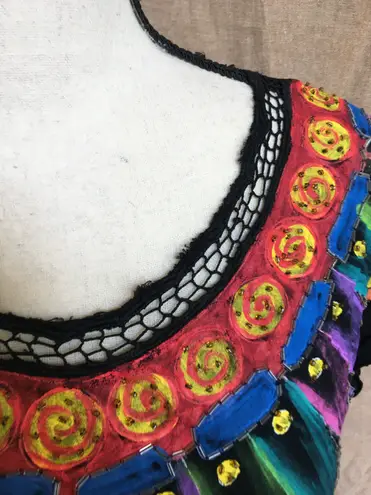 Vintage 90s T Jehnsen Inc Black Hand Painted Mexican Style Top Sequins Rainbow L Size L
